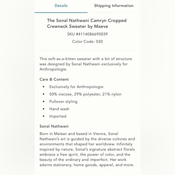 NWT Anthro Sonal Nathwani Camryn Cropped Crewneck Sweater by Maeve Size Small - Picture 6 of 10